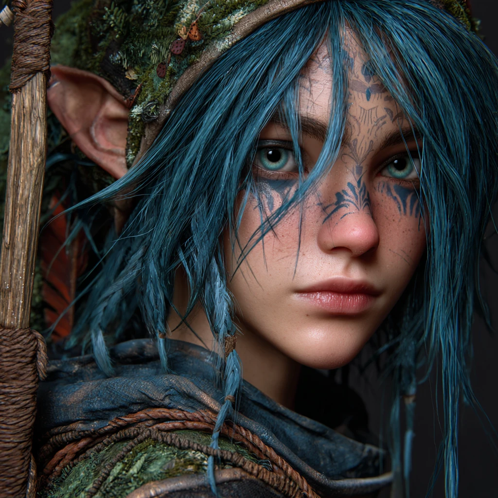 Un druido elfico dai capelli blu, dalla pelle scura e dagli occhi color smeraldo