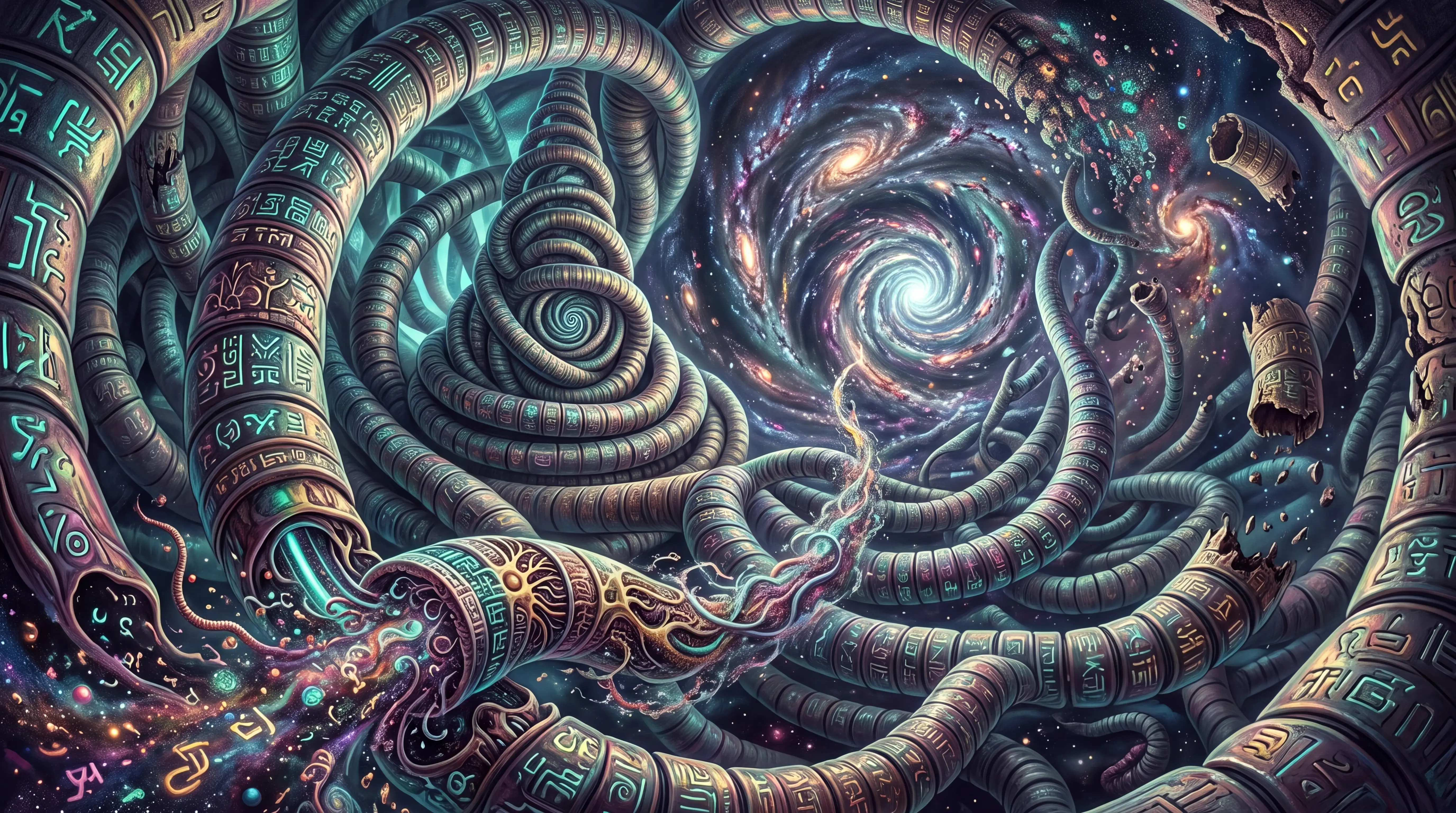 D'étranges êtres tubulaires spiralent dans une tapisserie cosmique fractale