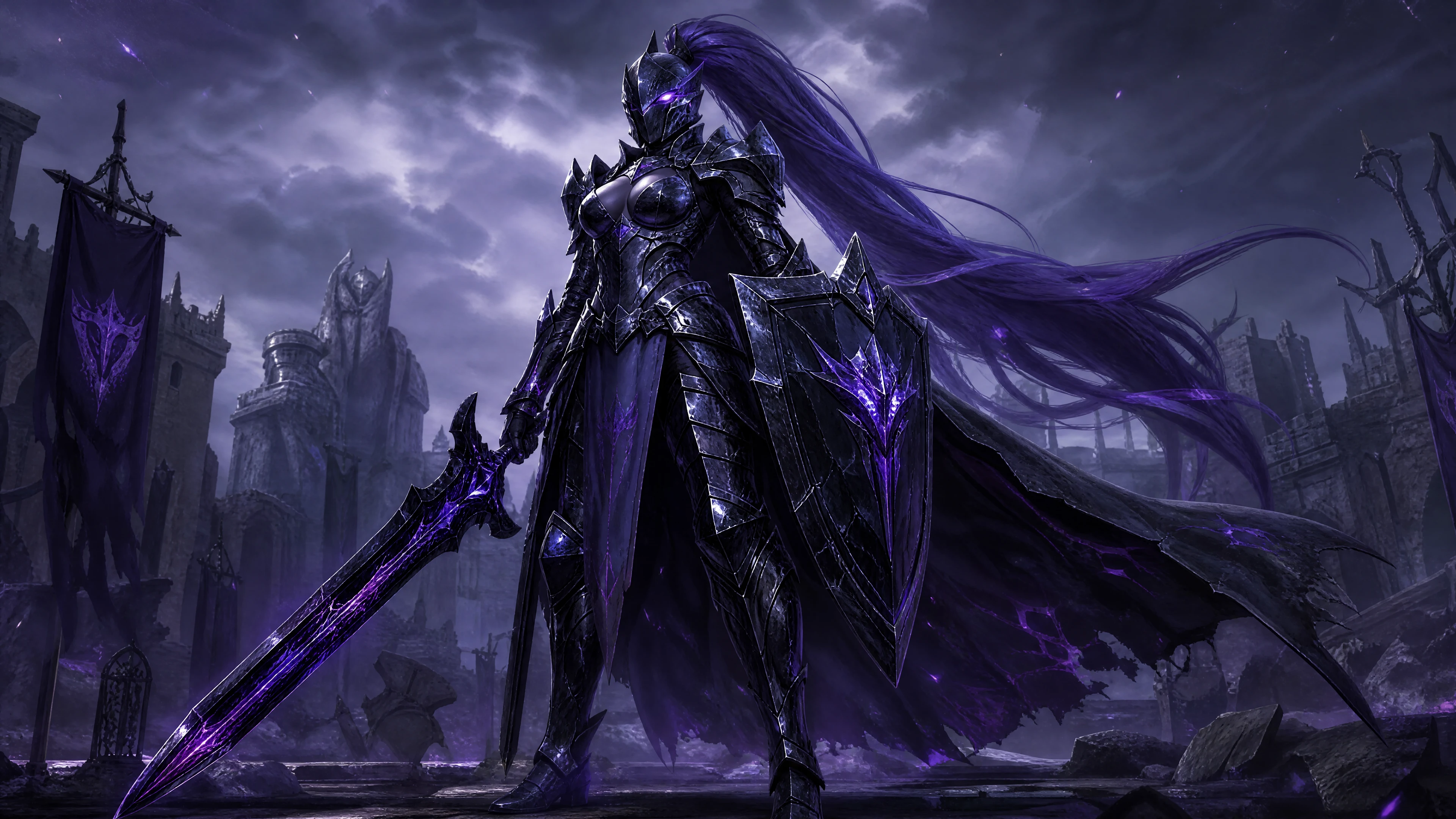 Um cavaleiro golem de obsidiana com um longo rabo de cavalo roxo e um olho brilhante