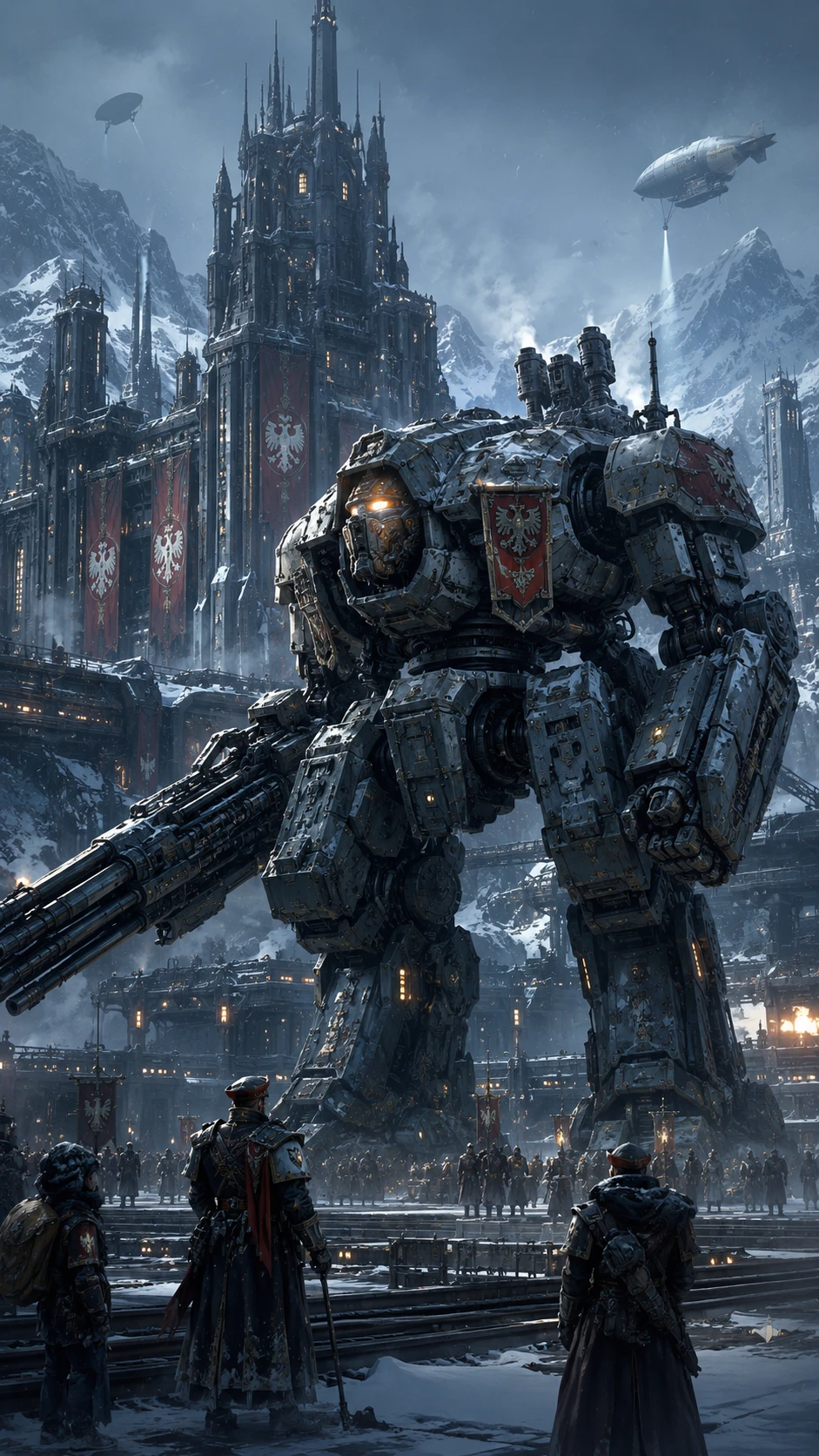 Arctic combat mech with a massive weapon at a military base beneath snowy mountains