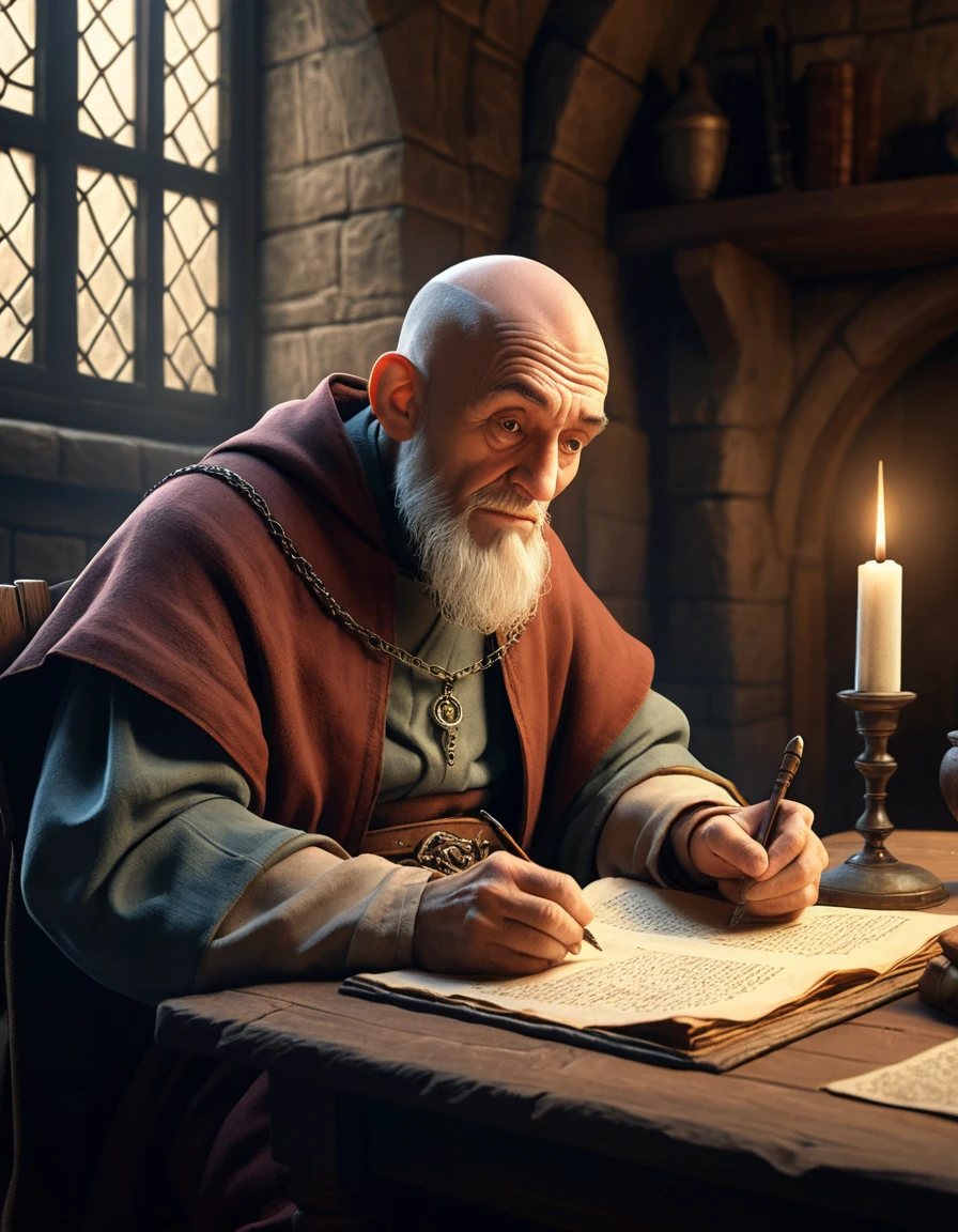 Um monge idoso escreve em pergaminho à mesa de um scriptorium medieval