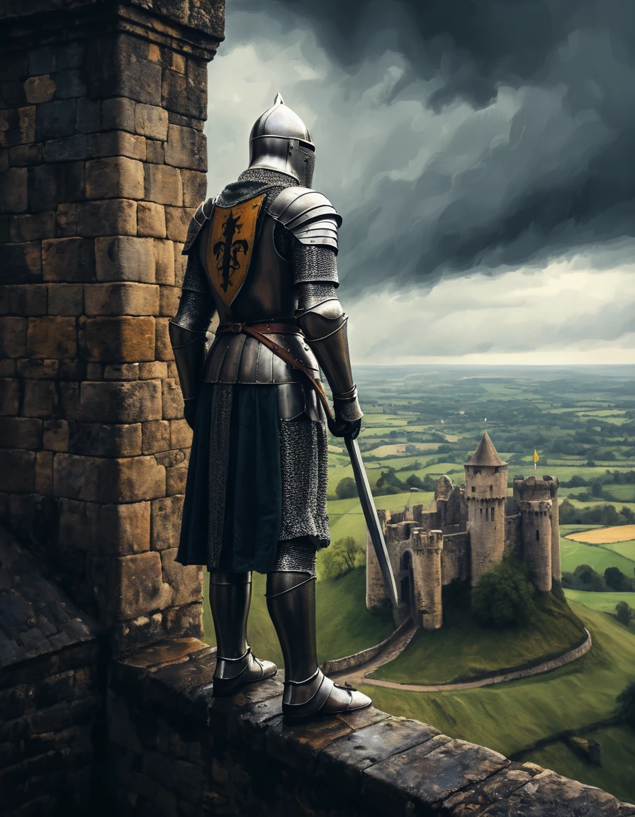 Um cavaleiro observa a paisagem do alto das ameias de um castelo medieval