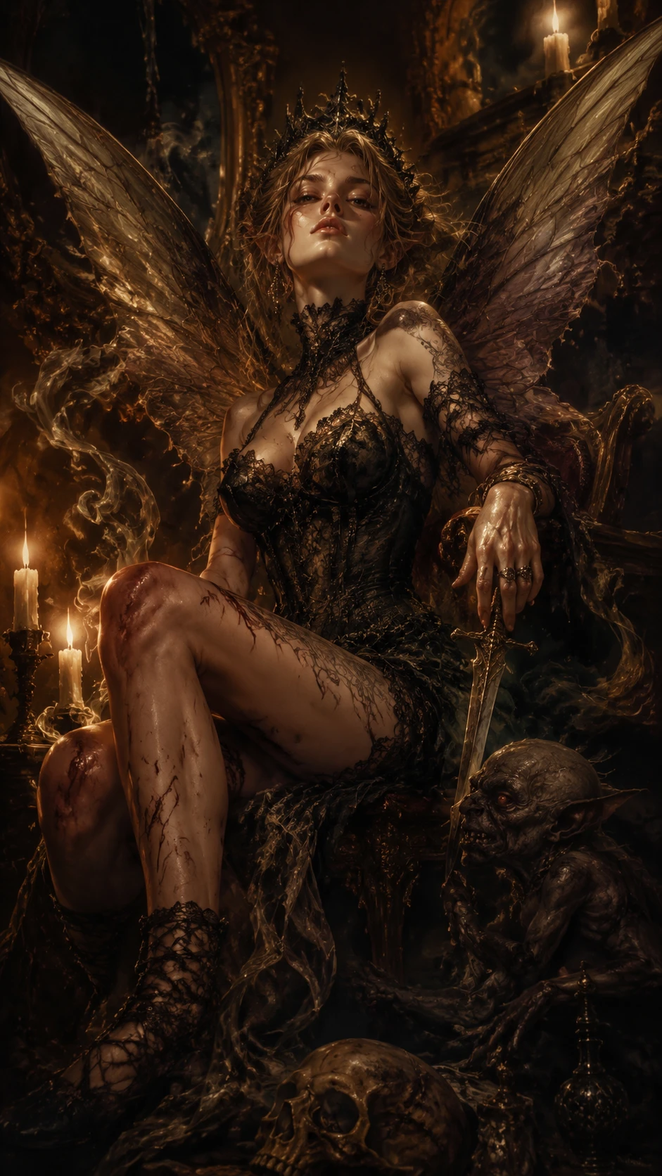 A fairy in a dramatic gothic oil painting with swirling smoke