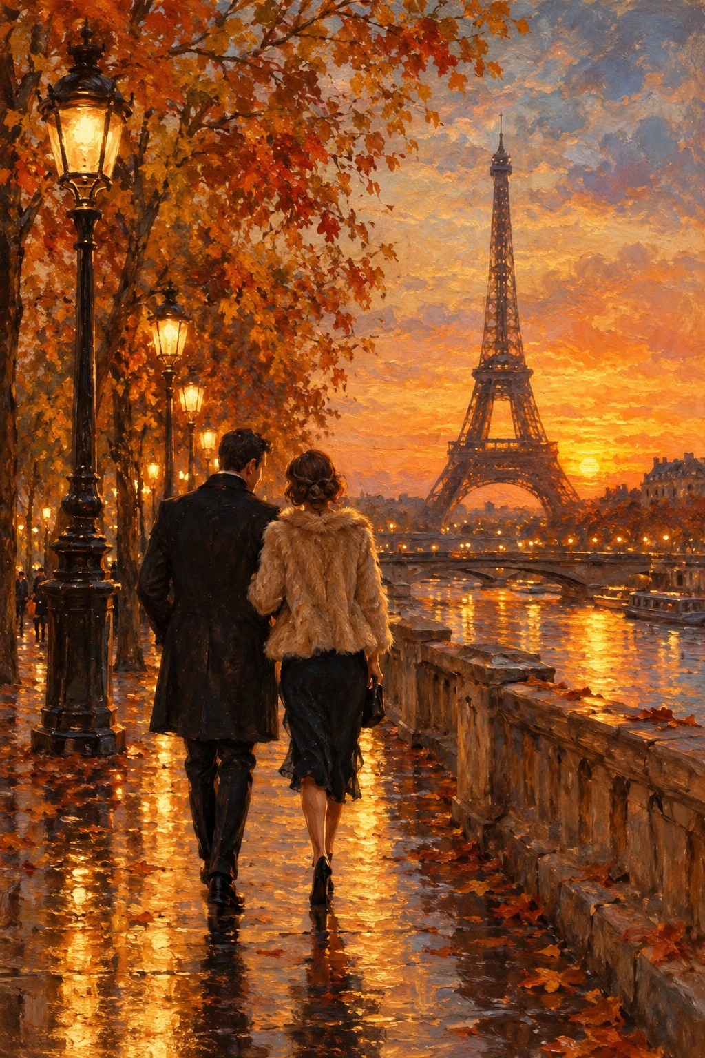 A Couple Walks Through Autumnal Paris Toward the Eiffel Tower
