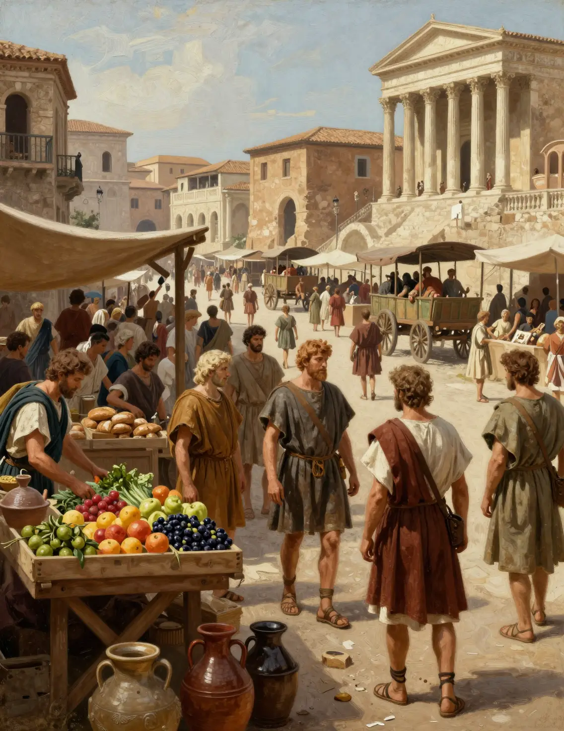 A bustling ancient Roman marketplace filled with merchants, shoppers, and market stalls