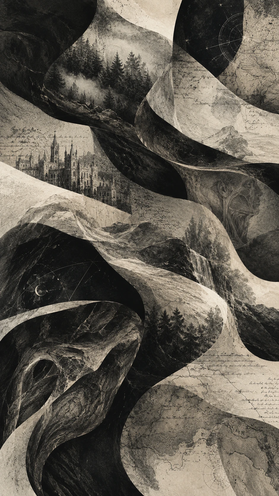 A sweeping abstract landscape of interwoven forms in charcoal and ivory