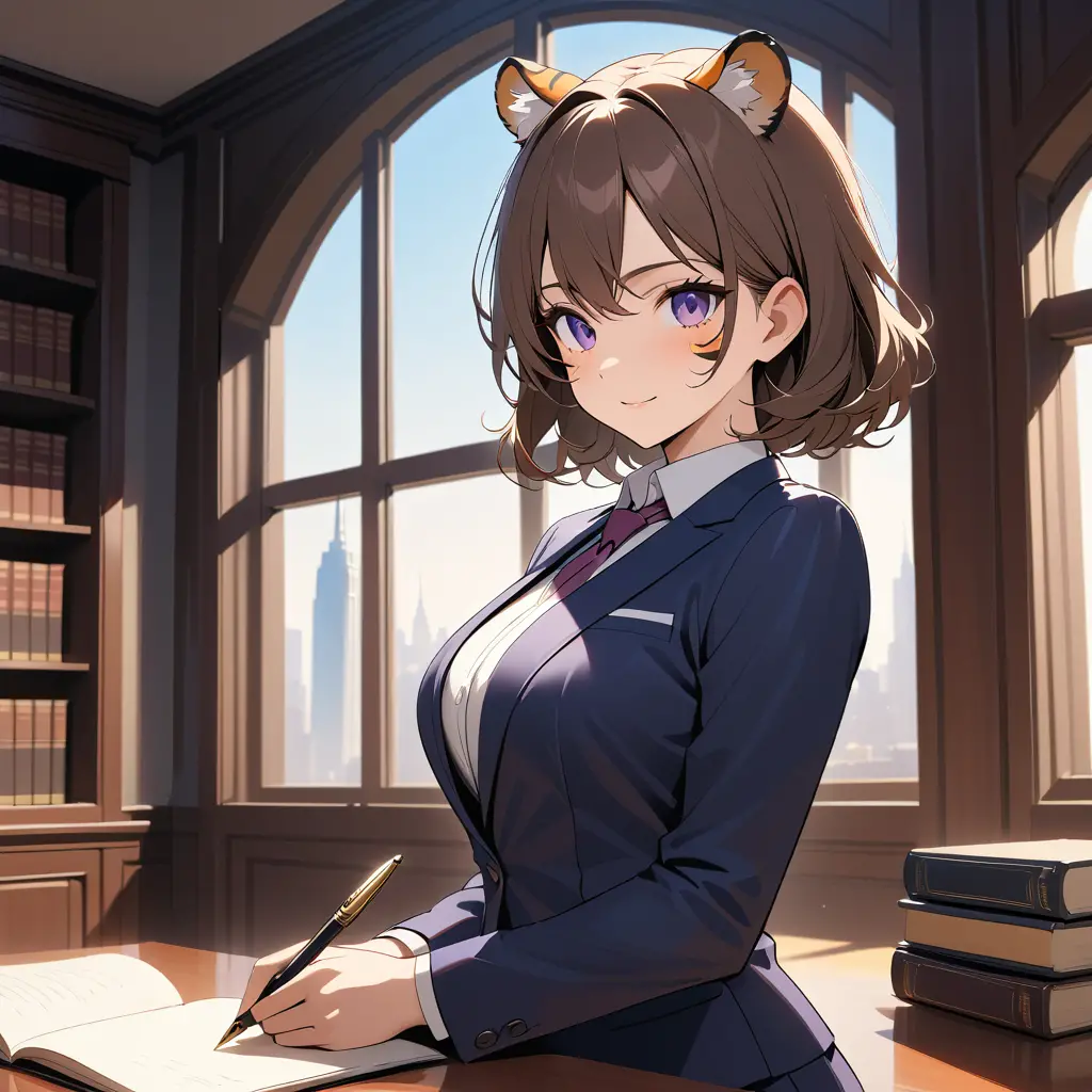 A tiger woman lawyer stands confidently in a prestigious law office