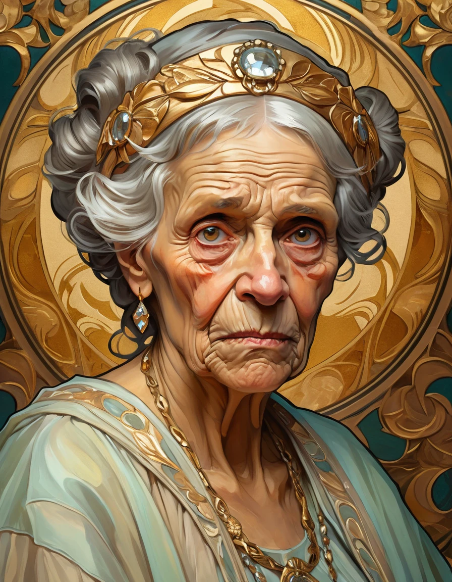 Um retrato art nouveau de uma mulher idosa com um olhar severo