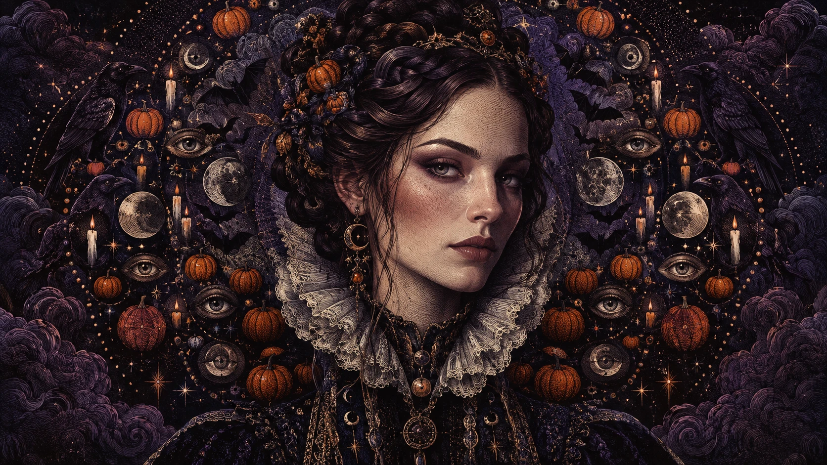 Uma vidente surreal de Halloween rodeada por um halo circular simbólico