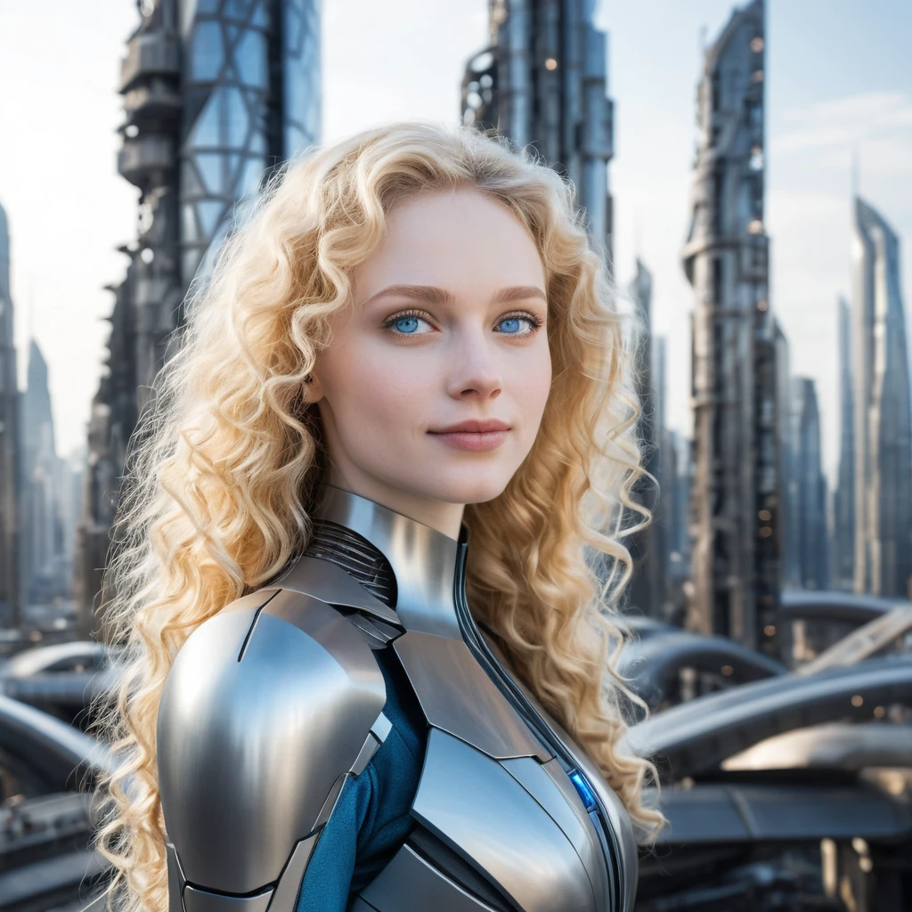 Uma mulher loira contempla uma cidade futurista de aço e platina