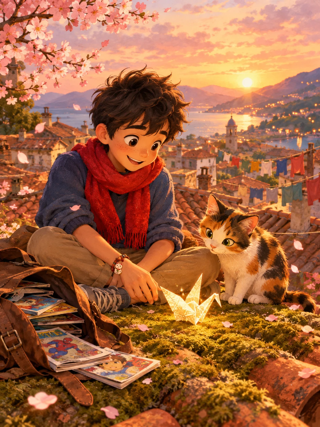 Um menino partilha um momento no telhado com um gato e um tsuru de papel