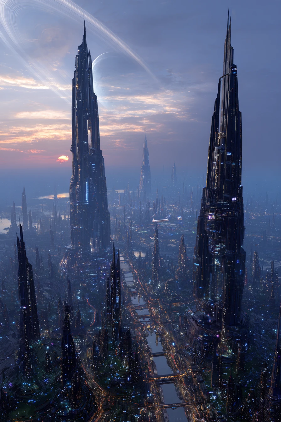 Une vaste cité extraterrestre s'élève au-dessus d'un paysage planétaire venu d'un autre monde