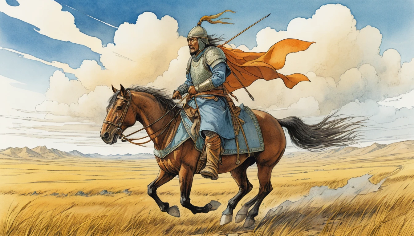 Um guerreiro mongol galopa pela estepe da Ásia Central