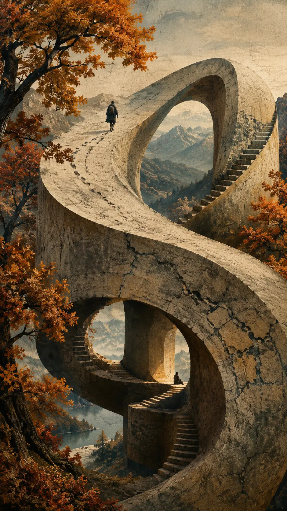 Um viajante solitário escala um monumento de pedra com um formato impossível em espiral