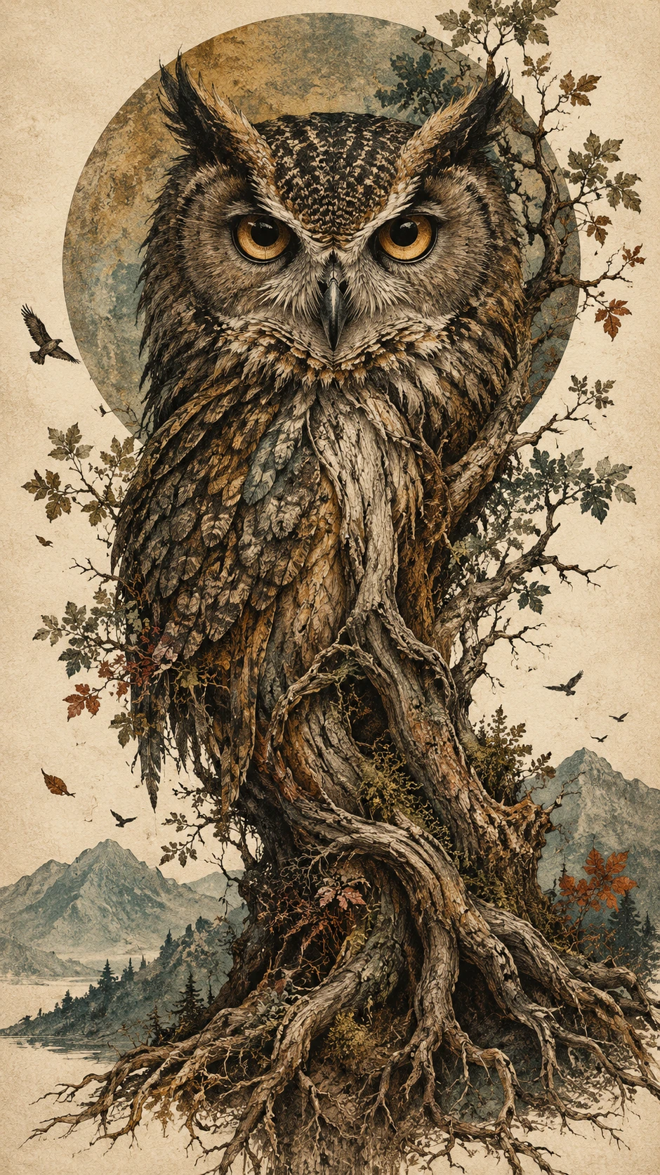 A monumental owl emerges from an ancient tree in engraved detail
