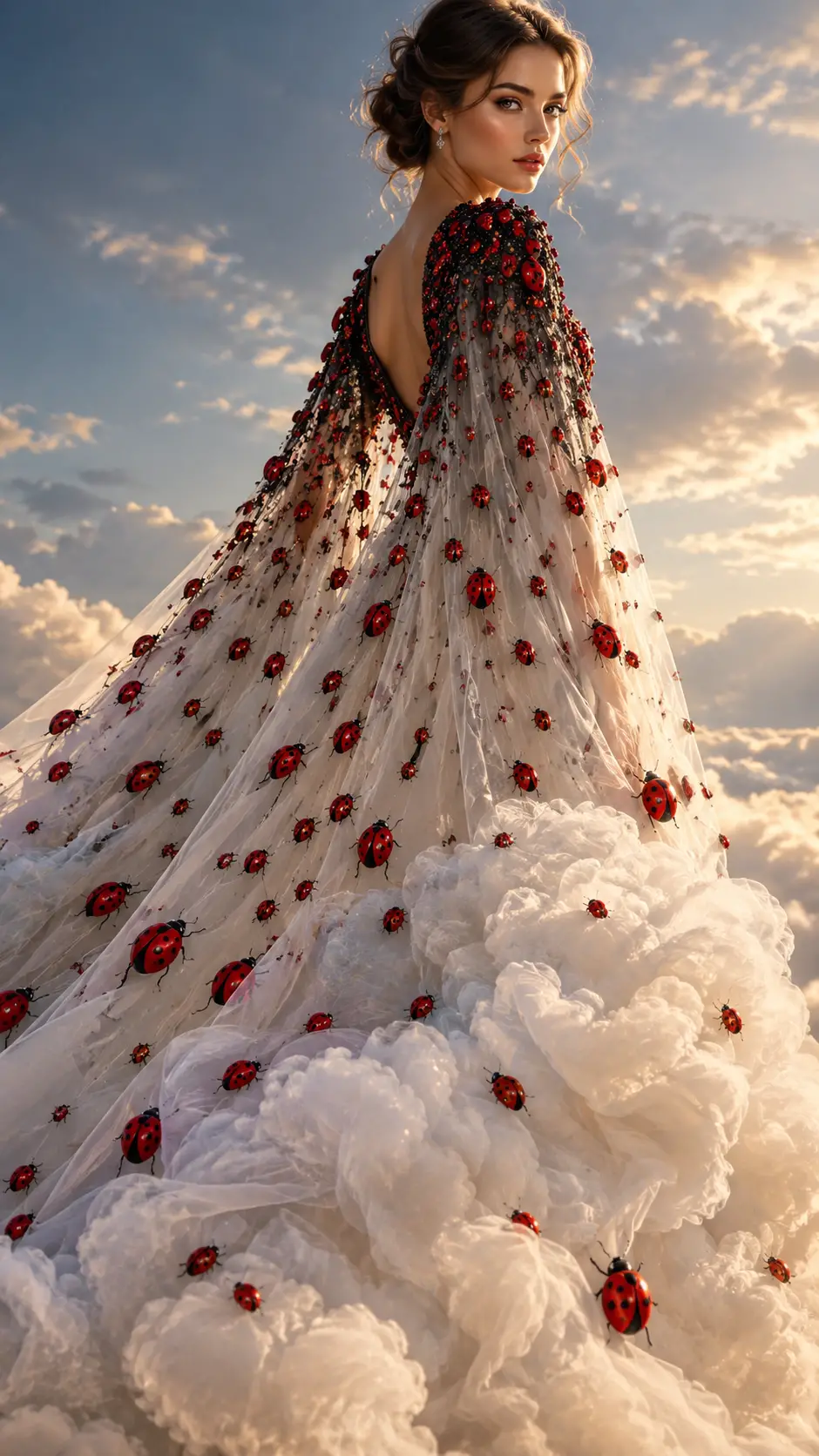A Couture Cape Dress Where Ladybugs Fade Into Cloudlike Tulle
