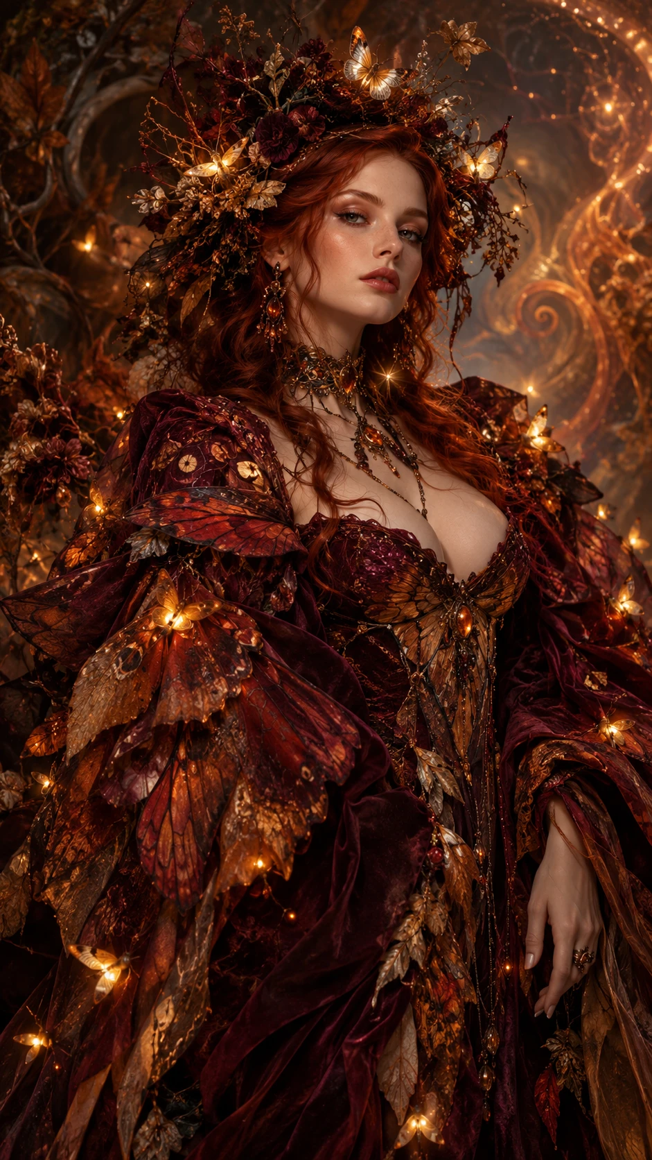 Eine rothaarige Frau in einem flügelinspirierten Kleid mit leuchtenden Glühwürmchen