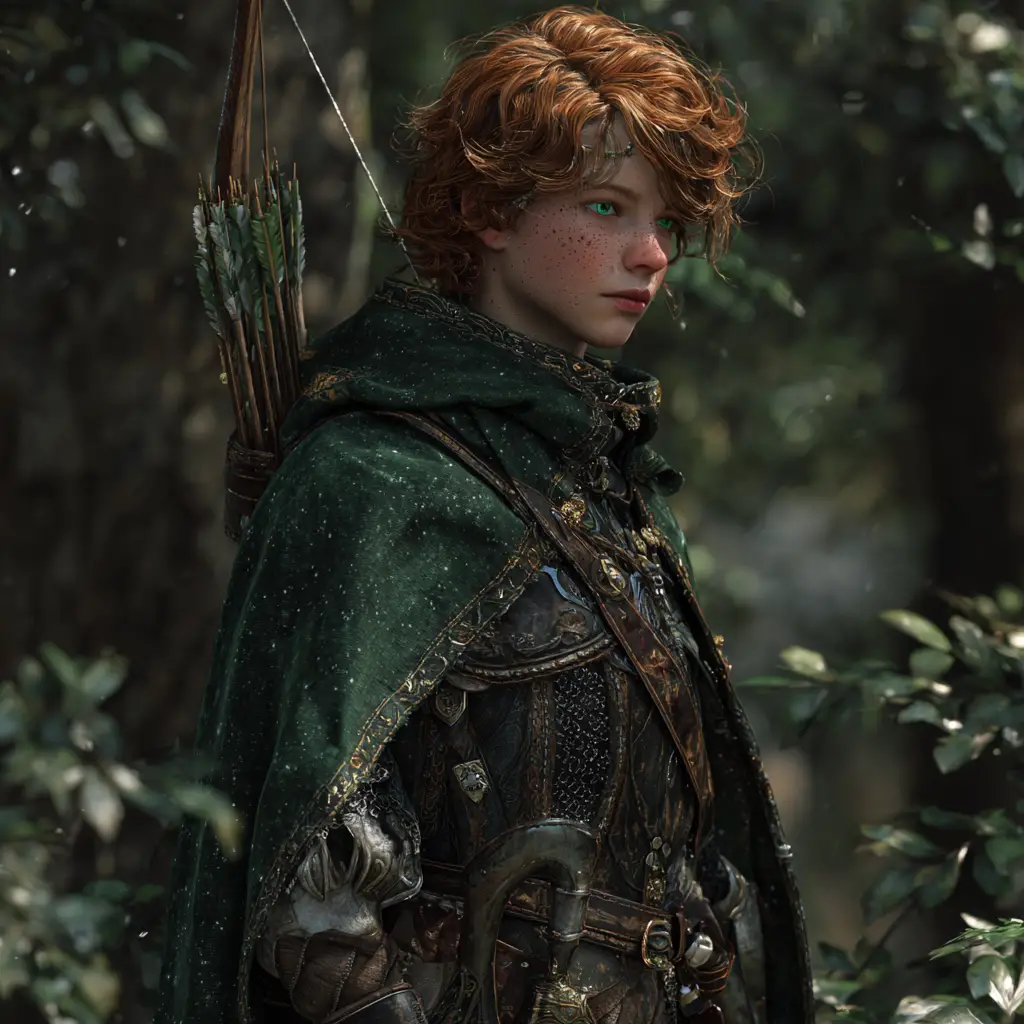 Une archère rousse et couverte de taches de rousseur tient un arc long magique et porte une armure de cuir