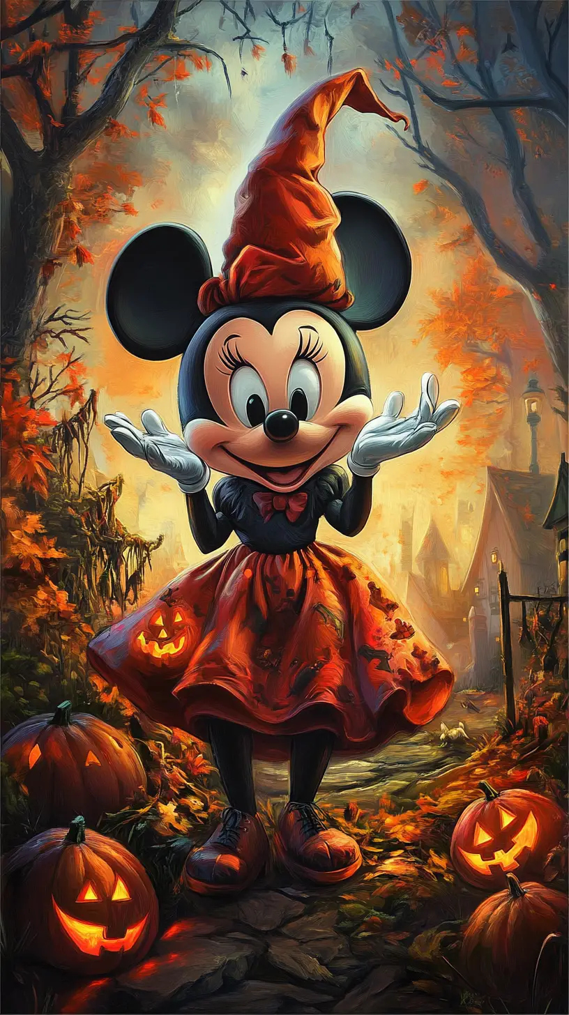 Minnie Mouse davanti alle rovine di un castello in stile gotico di Halloween