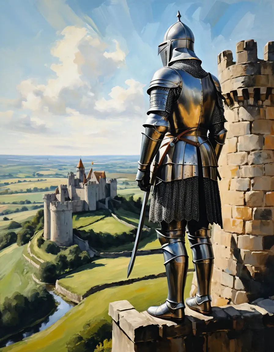 A Knight Surveys the Countryside From Medieval Castle Battlements