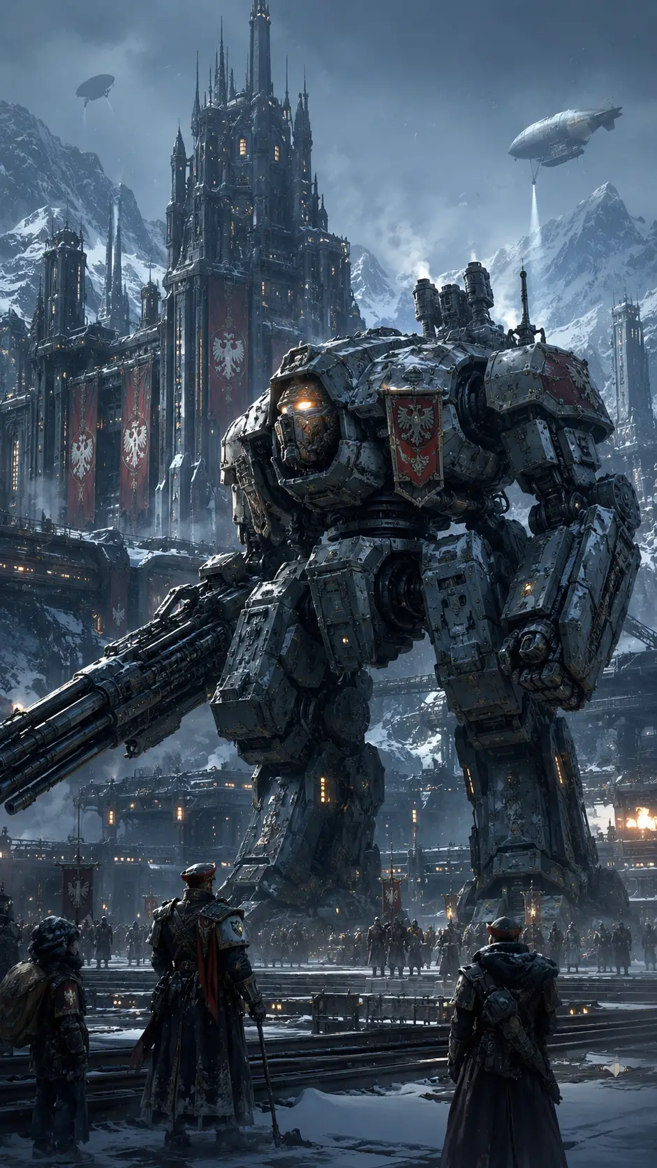 Mecha de combate ártico com uma arma colossal em uma base militar sob montanhas nevadas