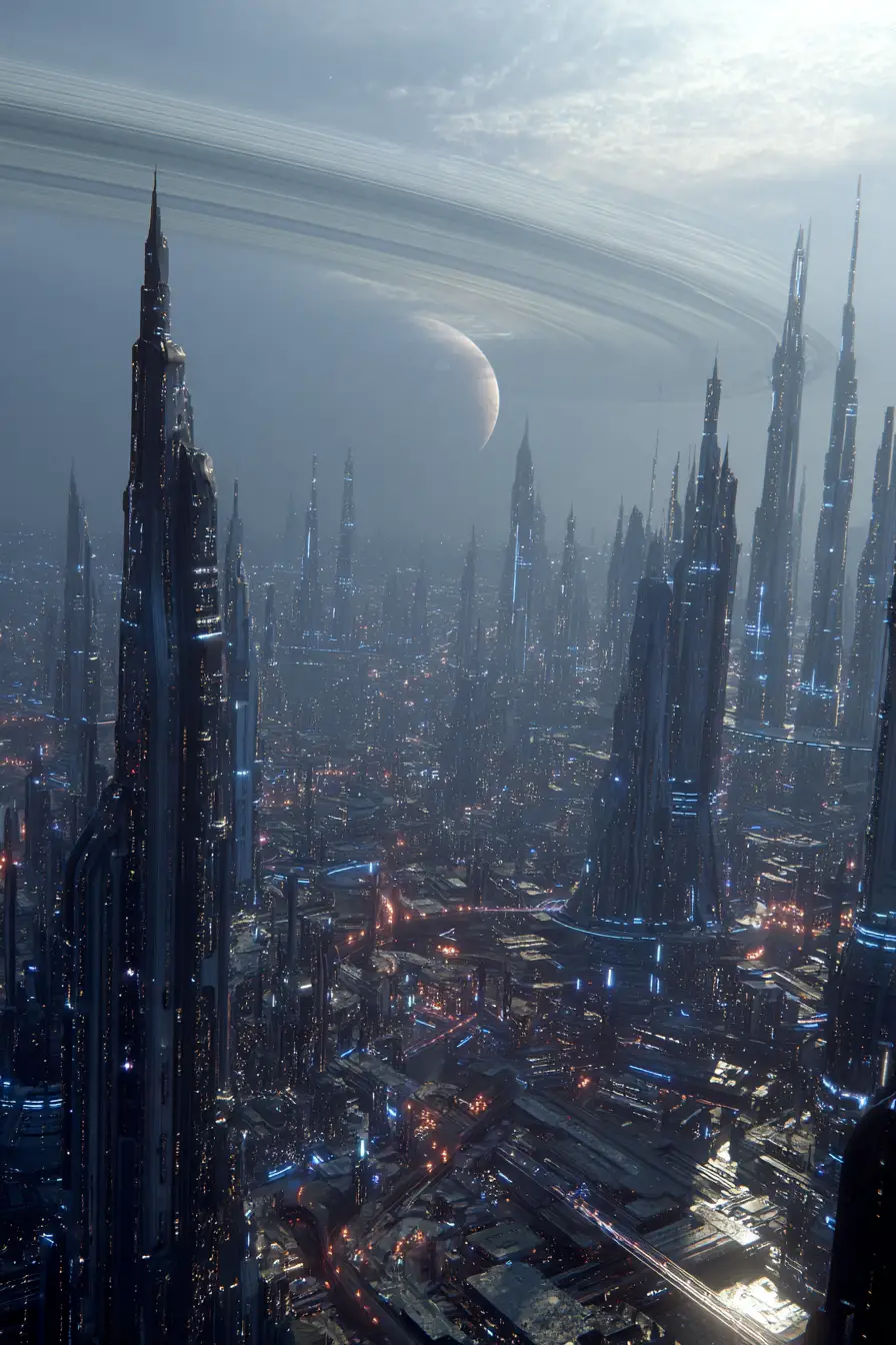 A Futuristic Alien City Rises Beneath a Ringed Planet at Dusk