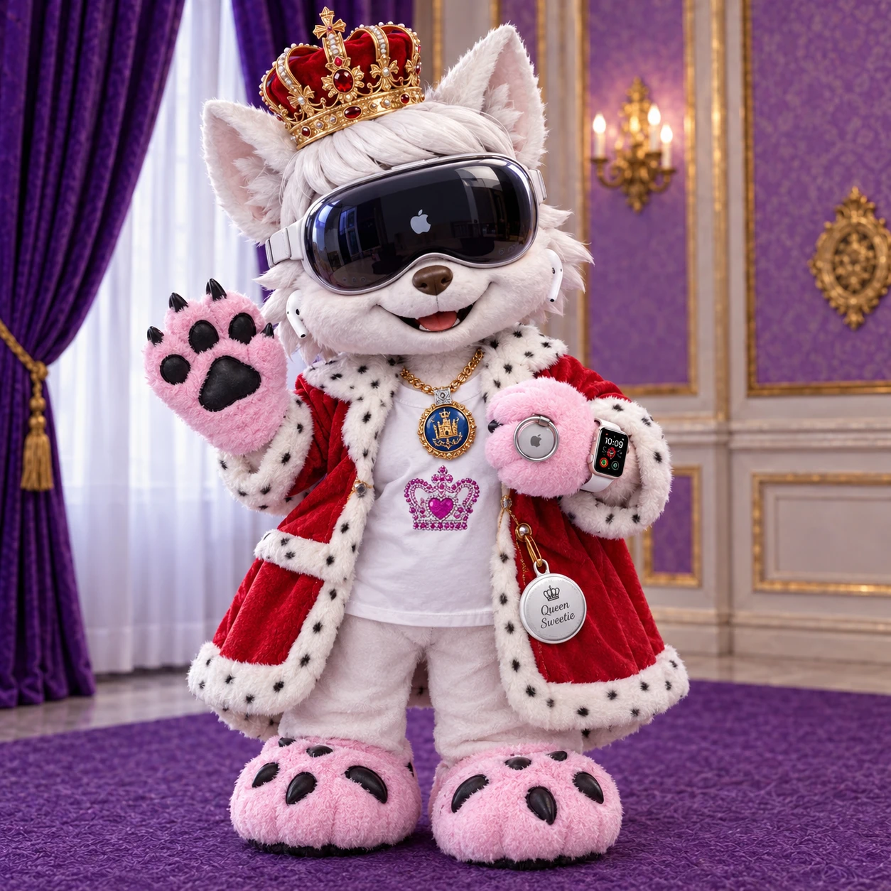 Uma mascote canina vestida de princesa, com coroa, pantufas e luvas em formato de patas
