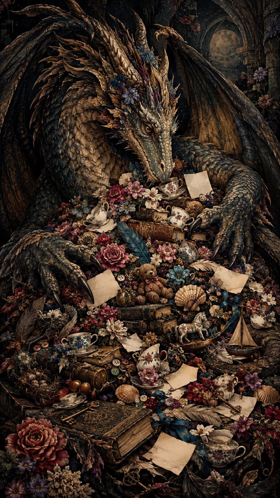 Un dragon veille sur un imposant trésor de souvenirs