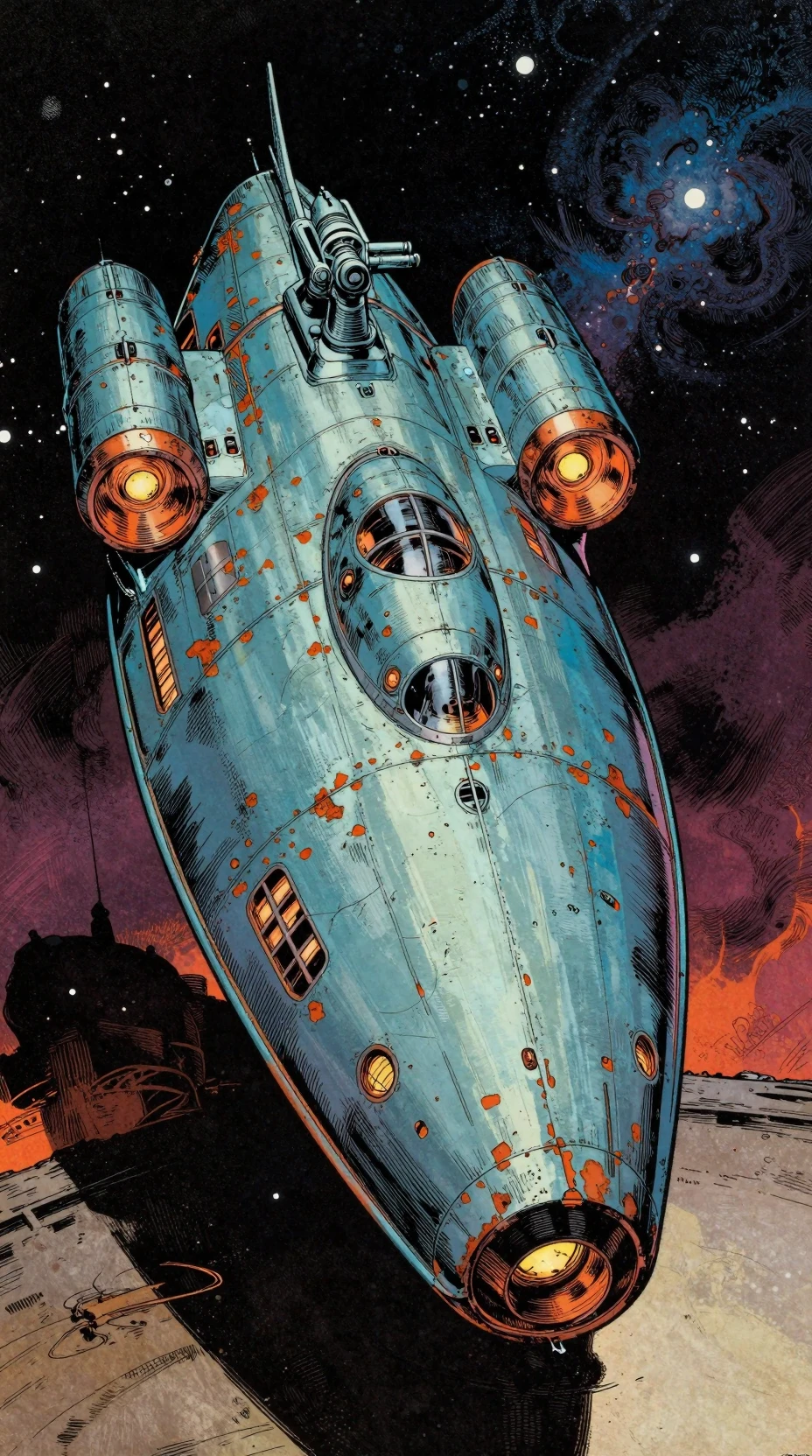 A weathered retro-futuristic spaceship against a starry deep-space backdrop