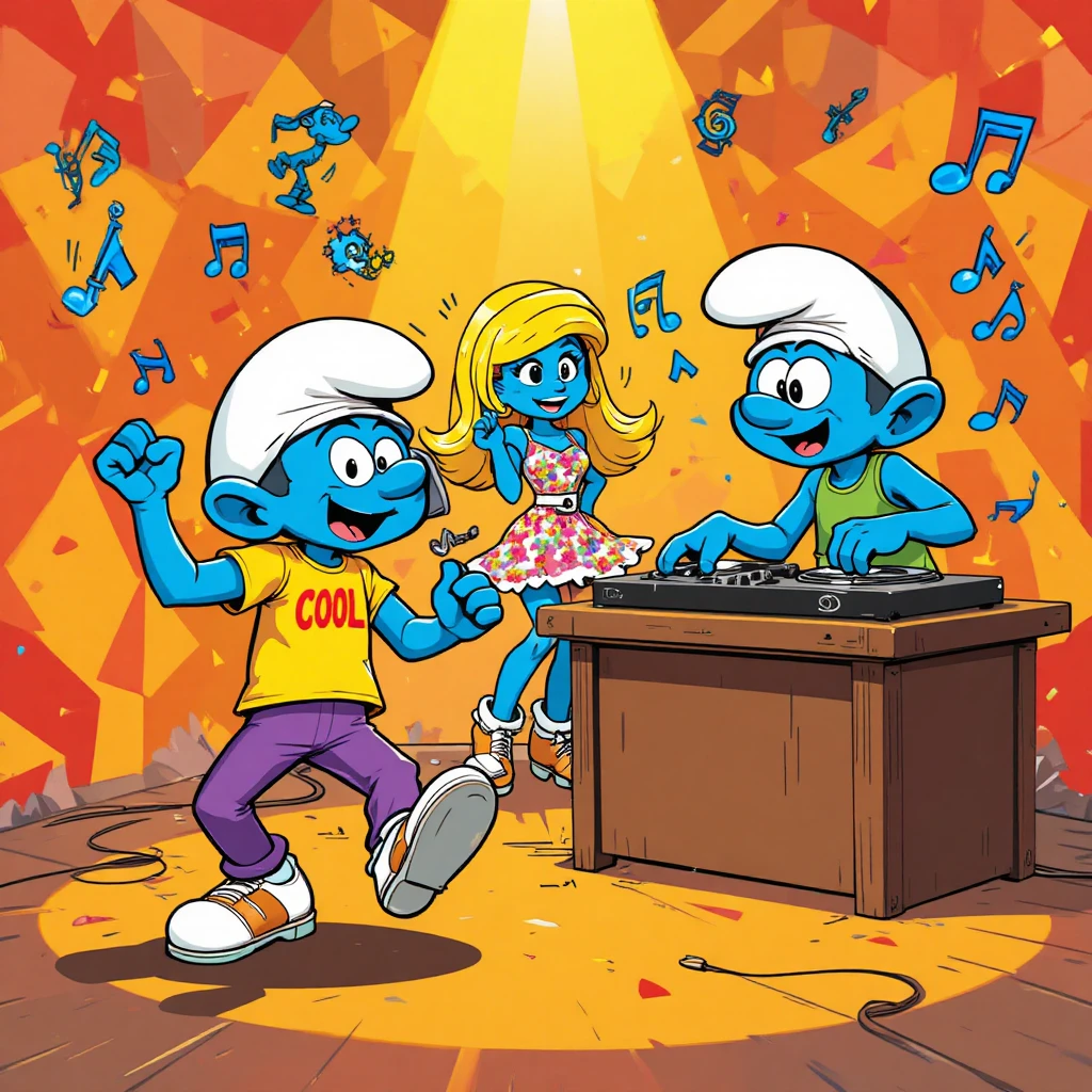 Tres Pitufos bailan y celebran en una colorida fiesta de dibujos animados retro
