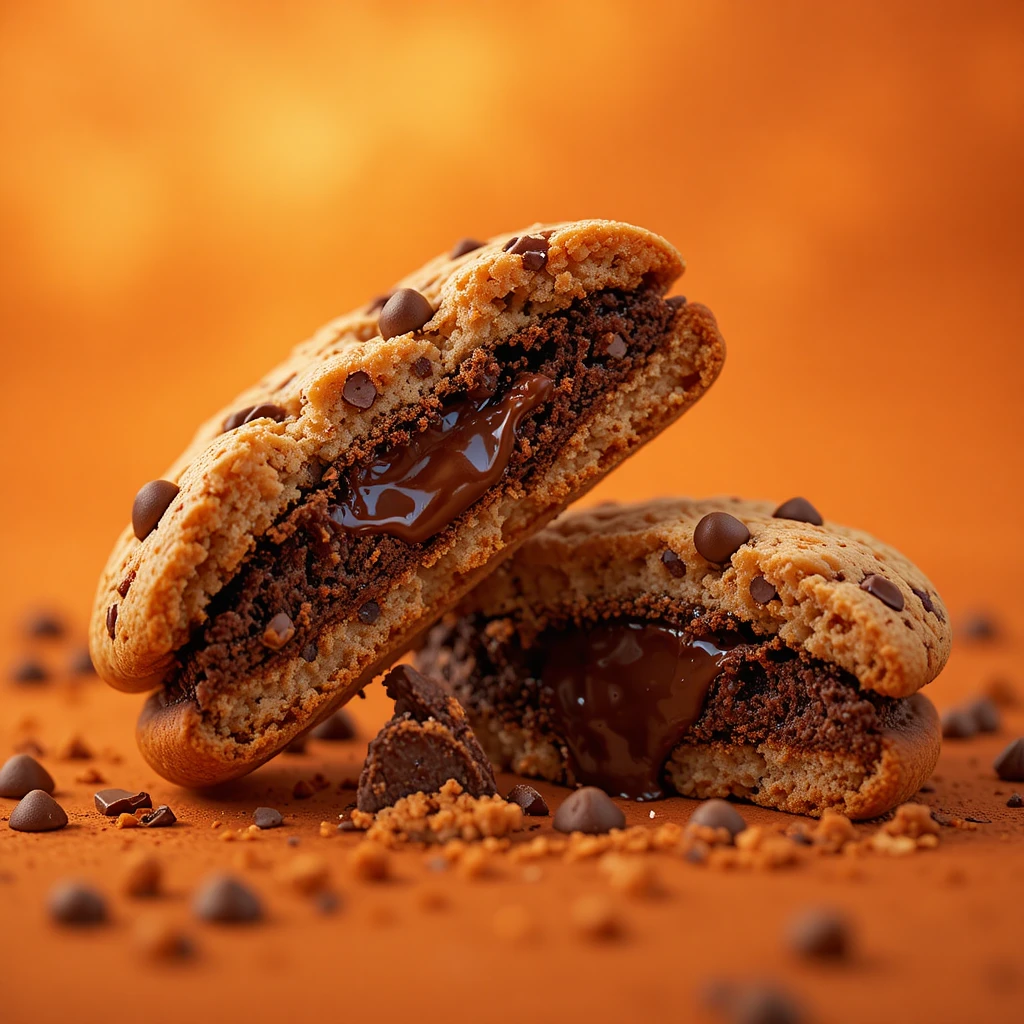 Zwei Schoko-Cookies geben ihre glänzend-zartschmelzenden Kerne preis
