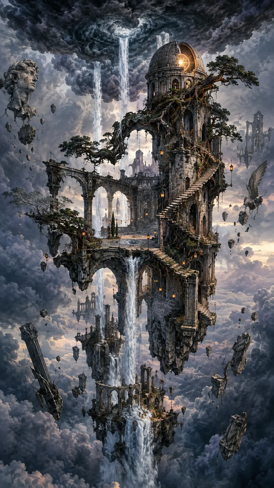 Floating ruins rise beneath a stormy sky in a surreal fantasy landscape