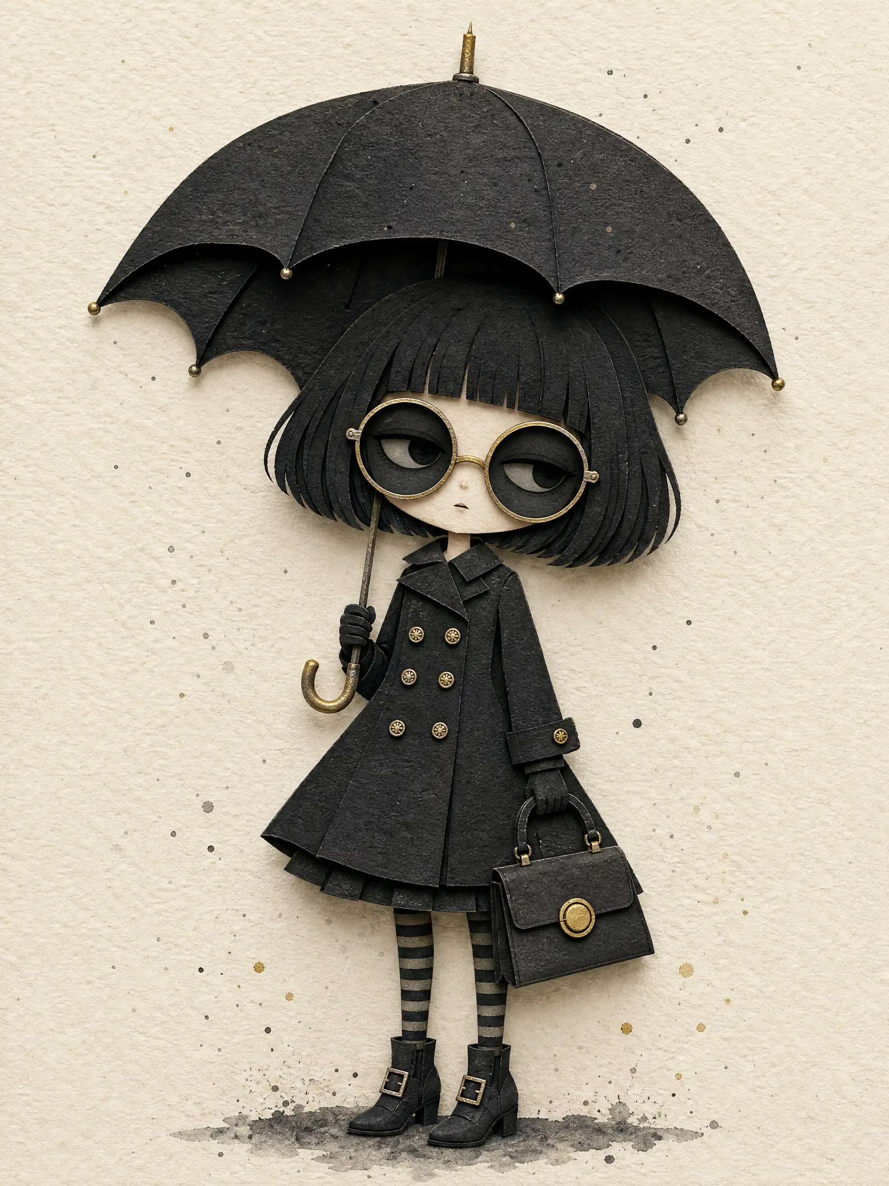 一位充滿奇想的剪紙風女性，站在一把寬大的黑色雨傘下