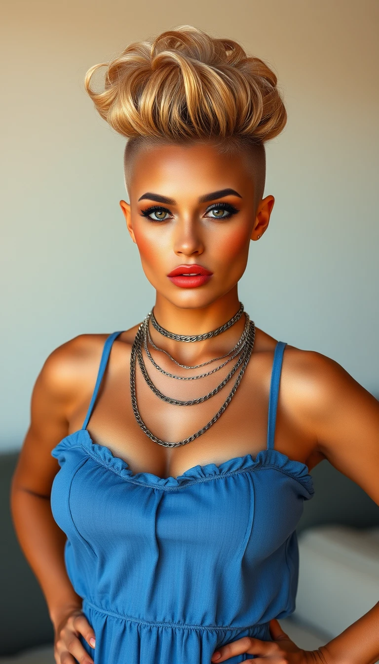 Eine Russin mit roségoldenen Locken posiert in einem blauen Babydoll-Kleid