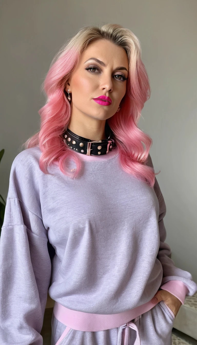 Une femme aux cheveux roses en piques, vêtue d’un sweat-shirt et d’un pantalon de pyjama