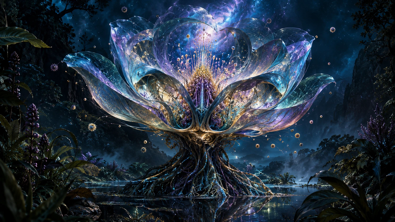 Uma colossal flor translúcida erguendo-se sobre uma lagoa selvagem e espelhada