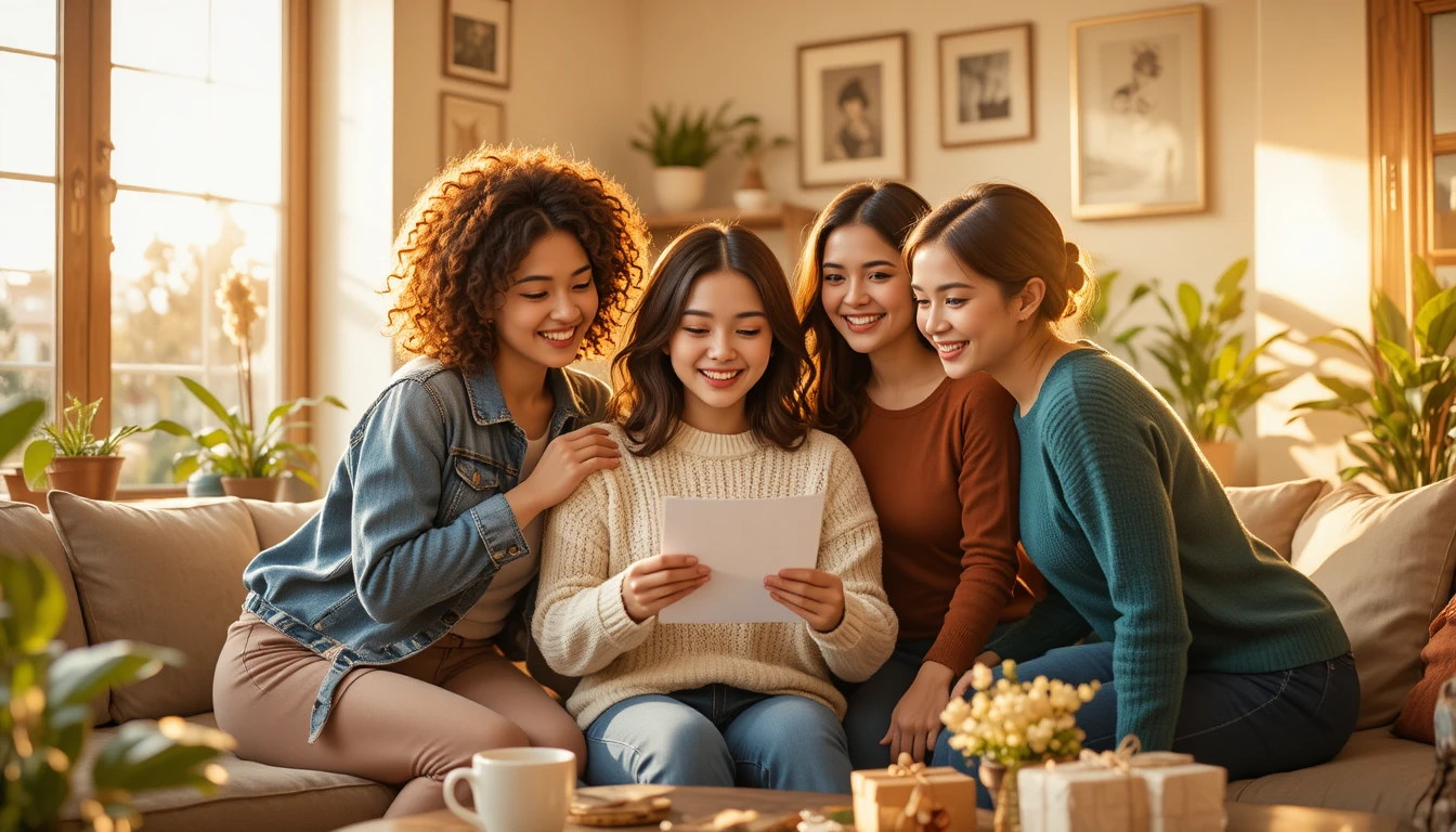 Cinque amiche leggono con gioia una lettera in un soggiorno inondato di sole