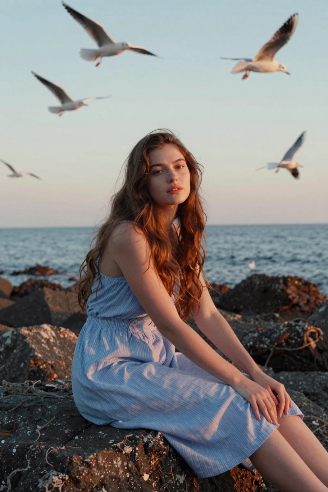 Uma jovem de vestido de verão sentada nas rochas da costa