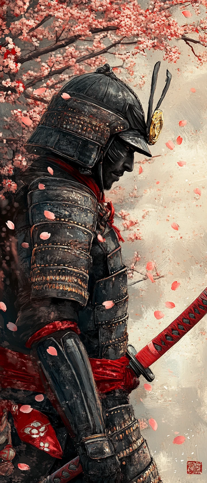 Un guerriero samurai davanti a un antico ciliegio