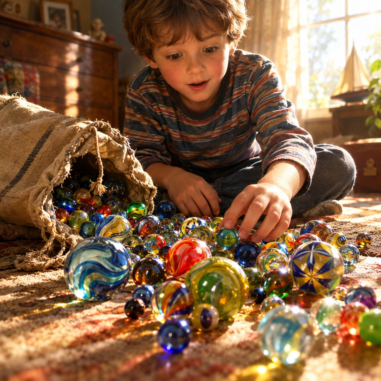 Um menino estende a mão para as bolinhas de gude coloridas que caem de uma bolsa de lona gasta