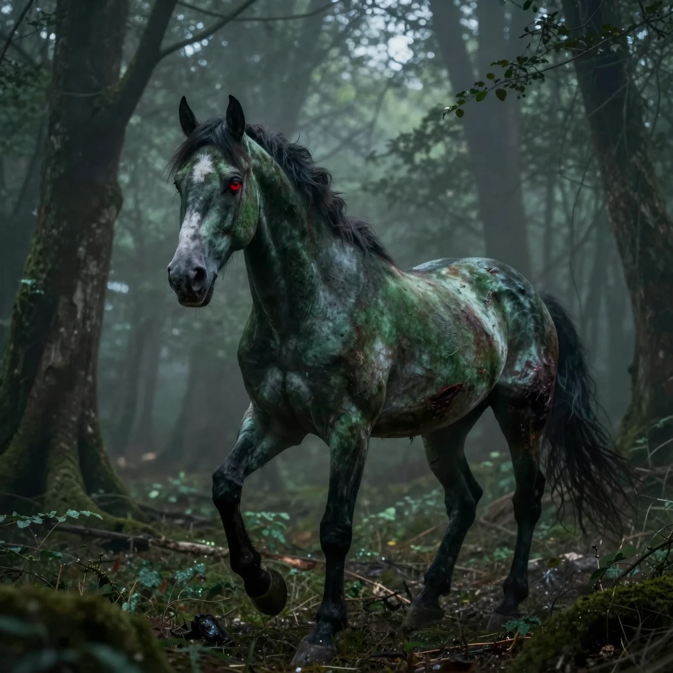 Um cavalo verde e doentio trota por entre a densa neblina de uma floresta sombria