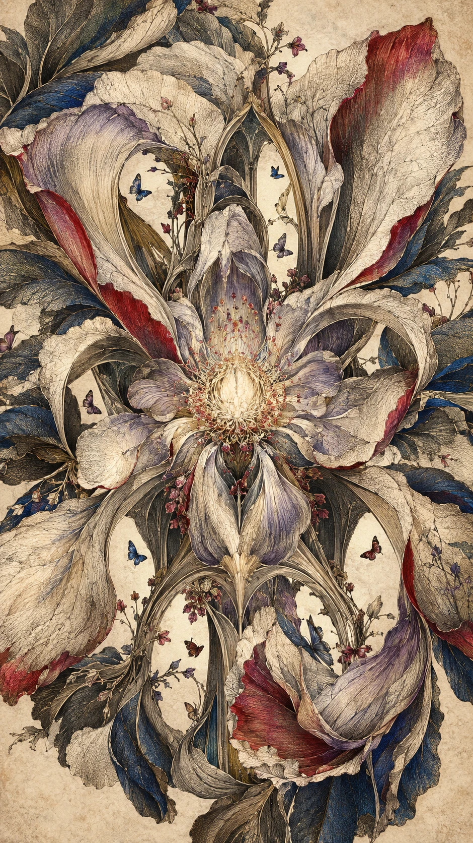 Uma flor gigantesca forma uma catedral em torno de borboletas esvoaçantes