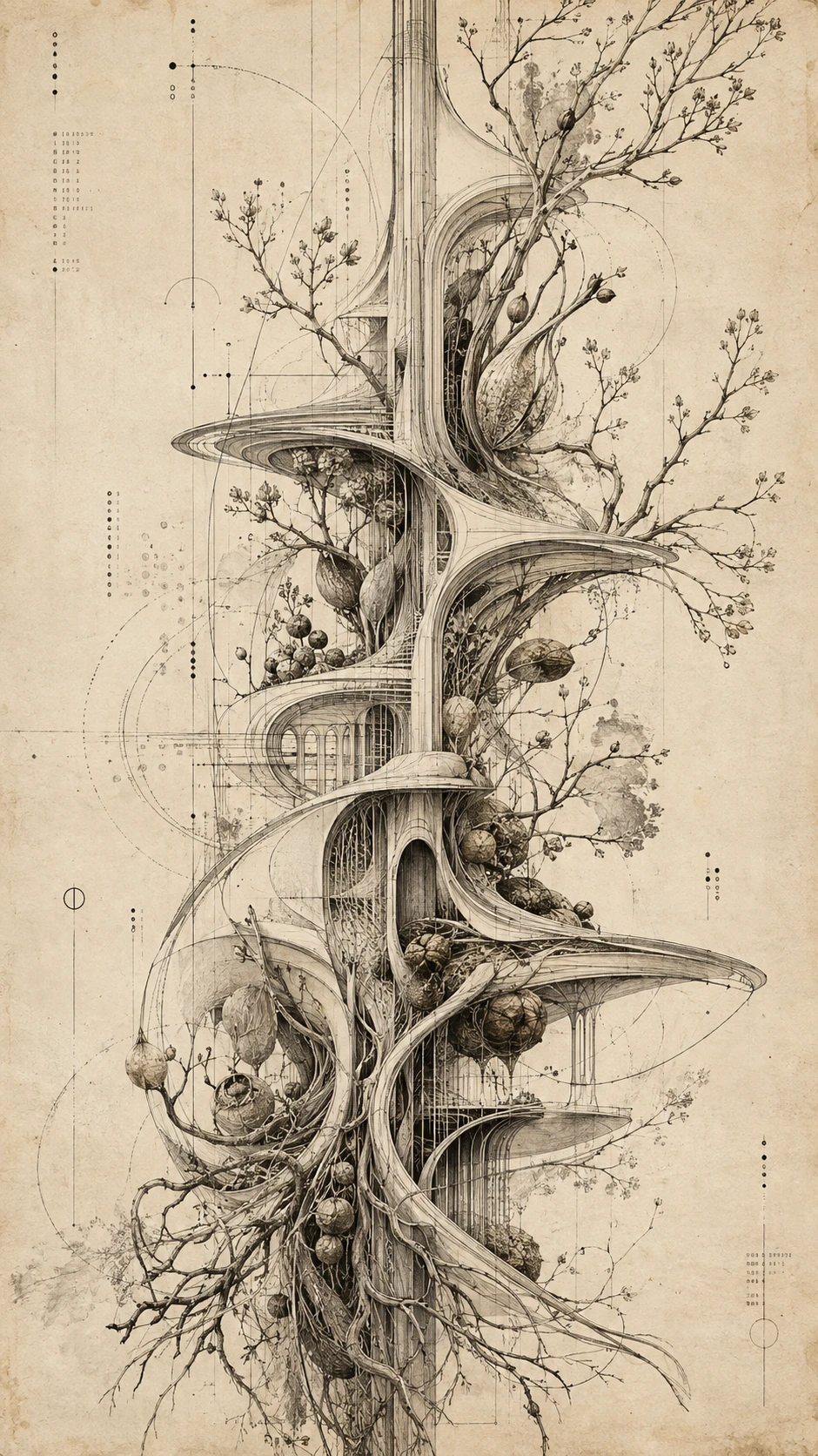 Une structure mécanique abstraite envahie par des branches, des racines et des formes de graines
