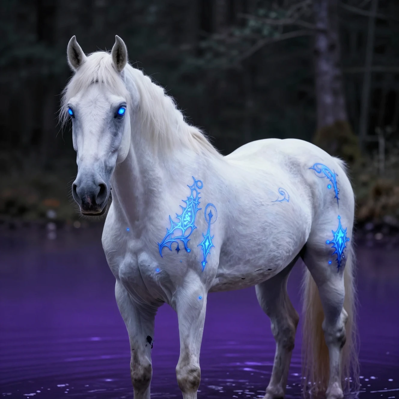 Um cavalo branco está em um lago roxo brilhante sob uma floresta sombria