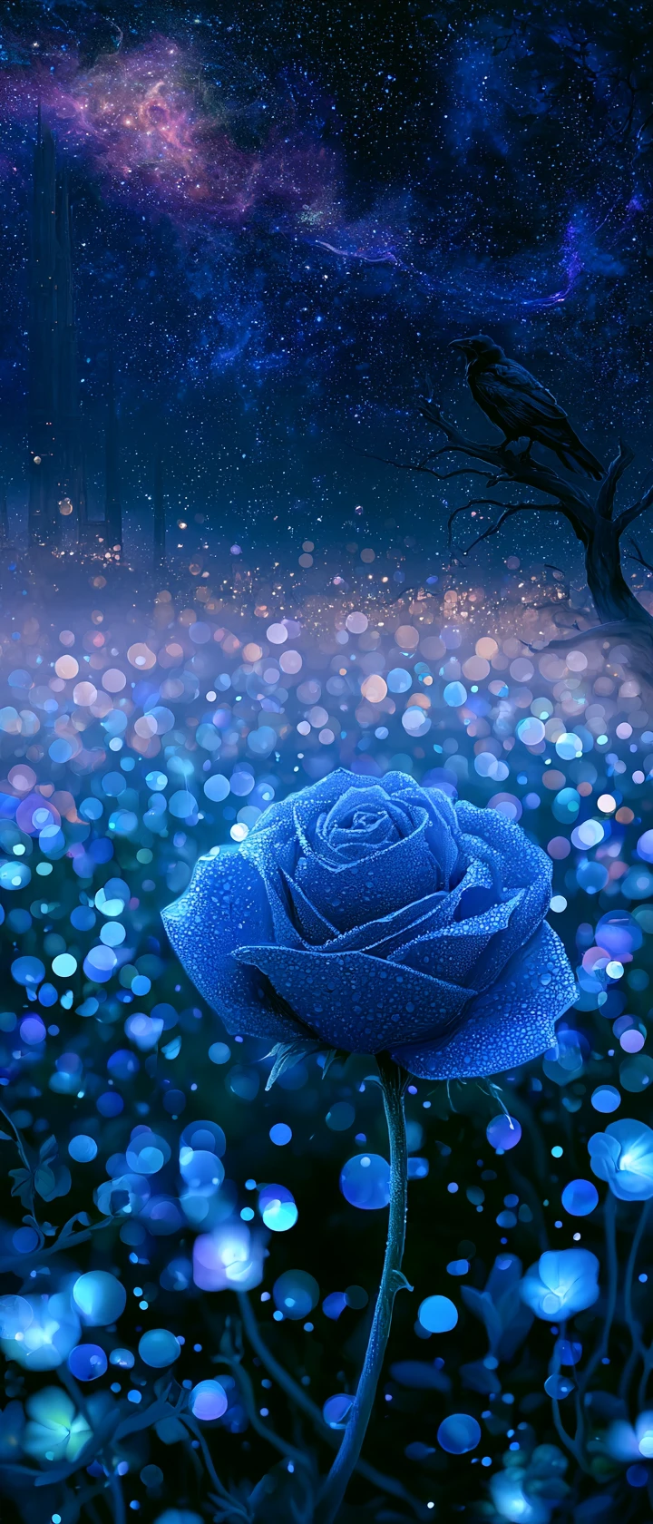 Uma rosa coberta de orvalho brilha em um campo de flores bioluminescentes à noite