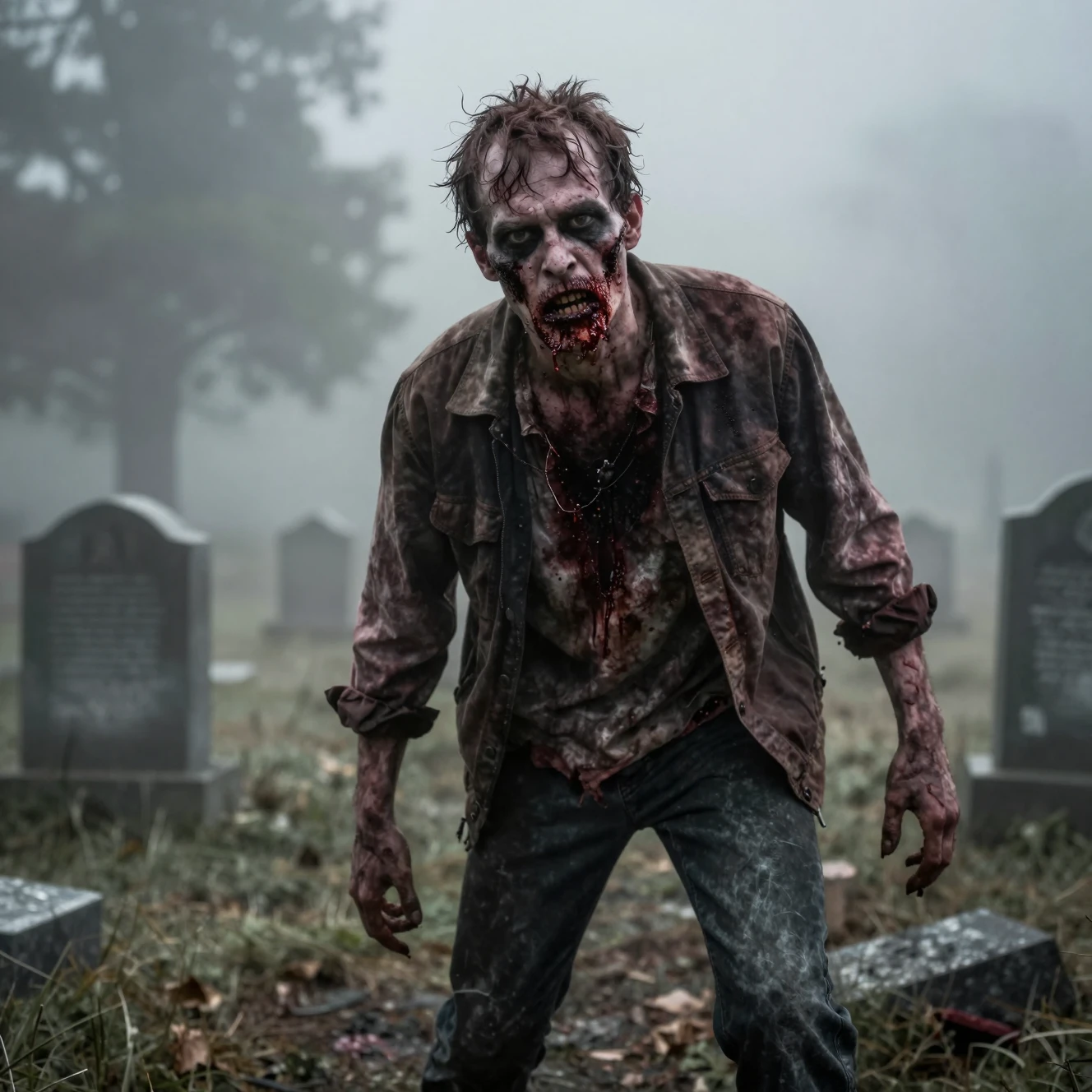 Un zombie ensanglanté titube dans un cimetière brumeux en fixant le spectateur
