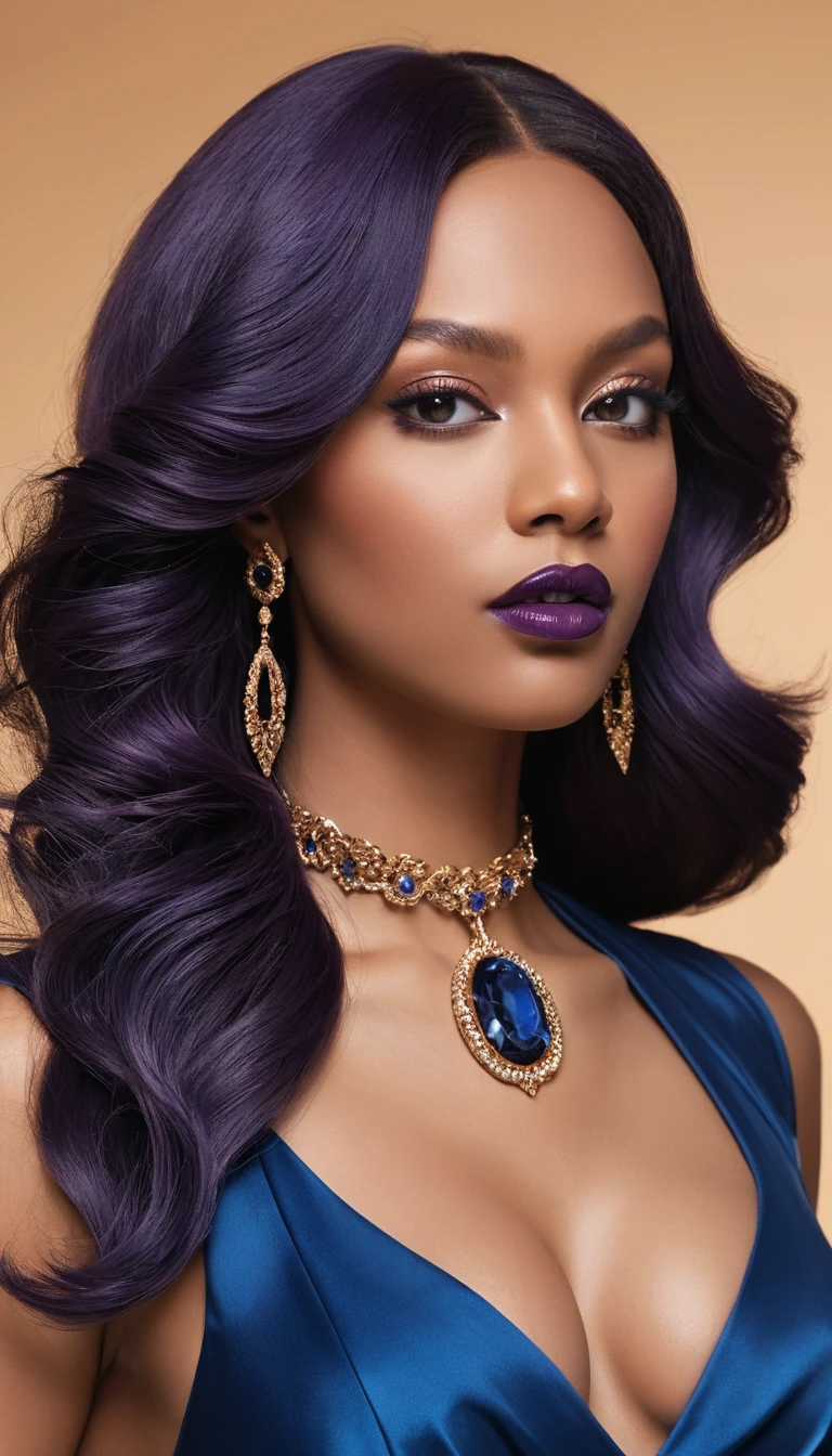 A woman with blue waves, purple lipstick, and a decorative pendant collar