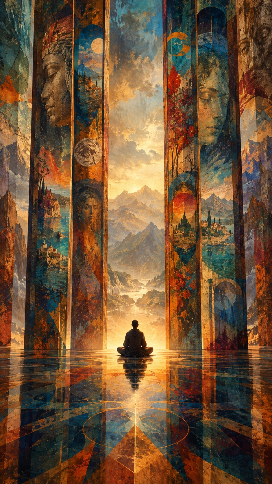Una figura in meditazione tra imponenti pannelli in un paesaggio surreale