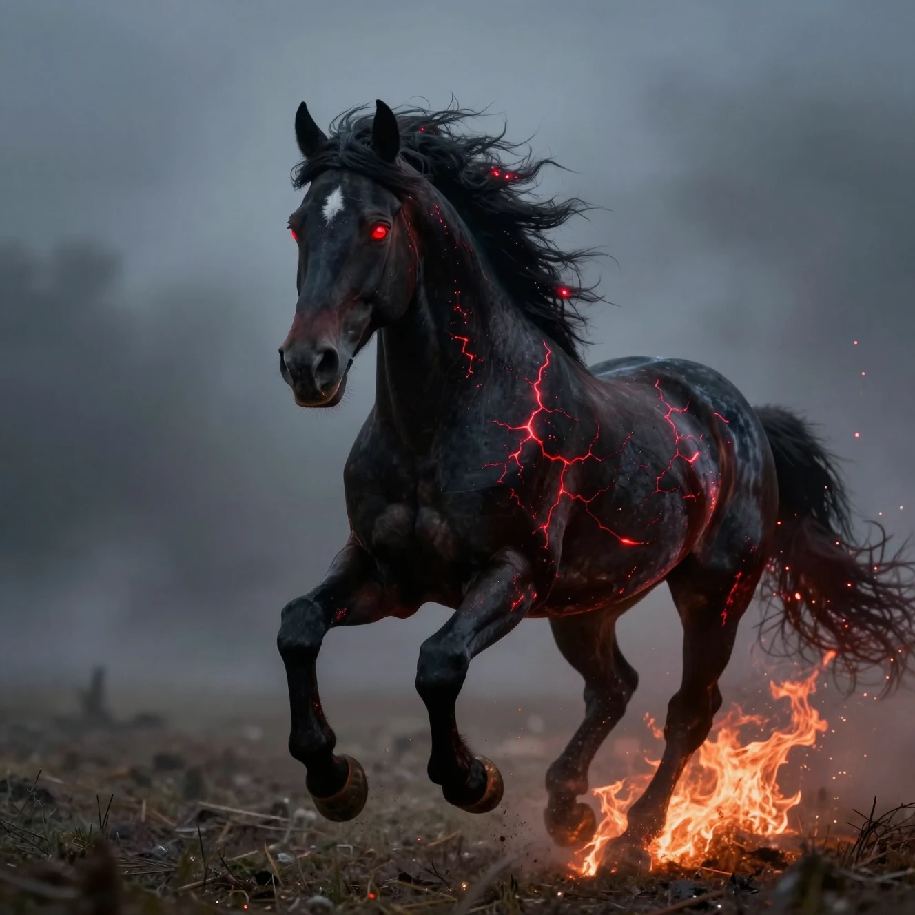 Um cavalo negro em chamas galopa pela névoa com os olhos vermelhos brilhantes
