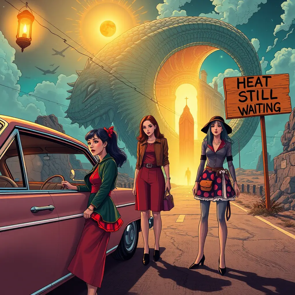 Three women gather around a vintage car in a surreal dreamscape